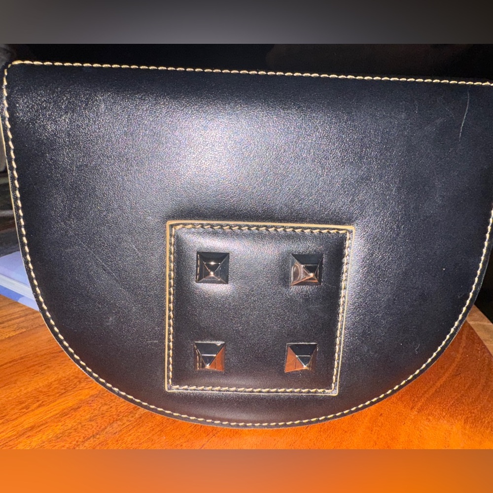 Salar Black and Silver Studded Clutch with Decorative Patch